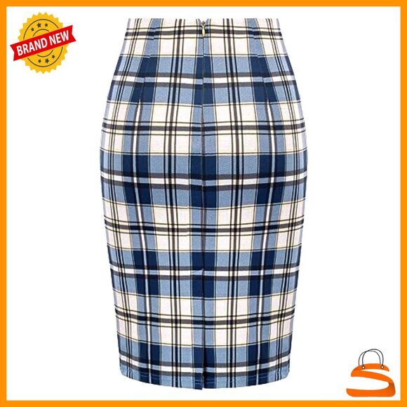 Knee Length Stretchy Bodycon Pencil Skirt Plaid Business Elegant Chic - Picture 3 of 7